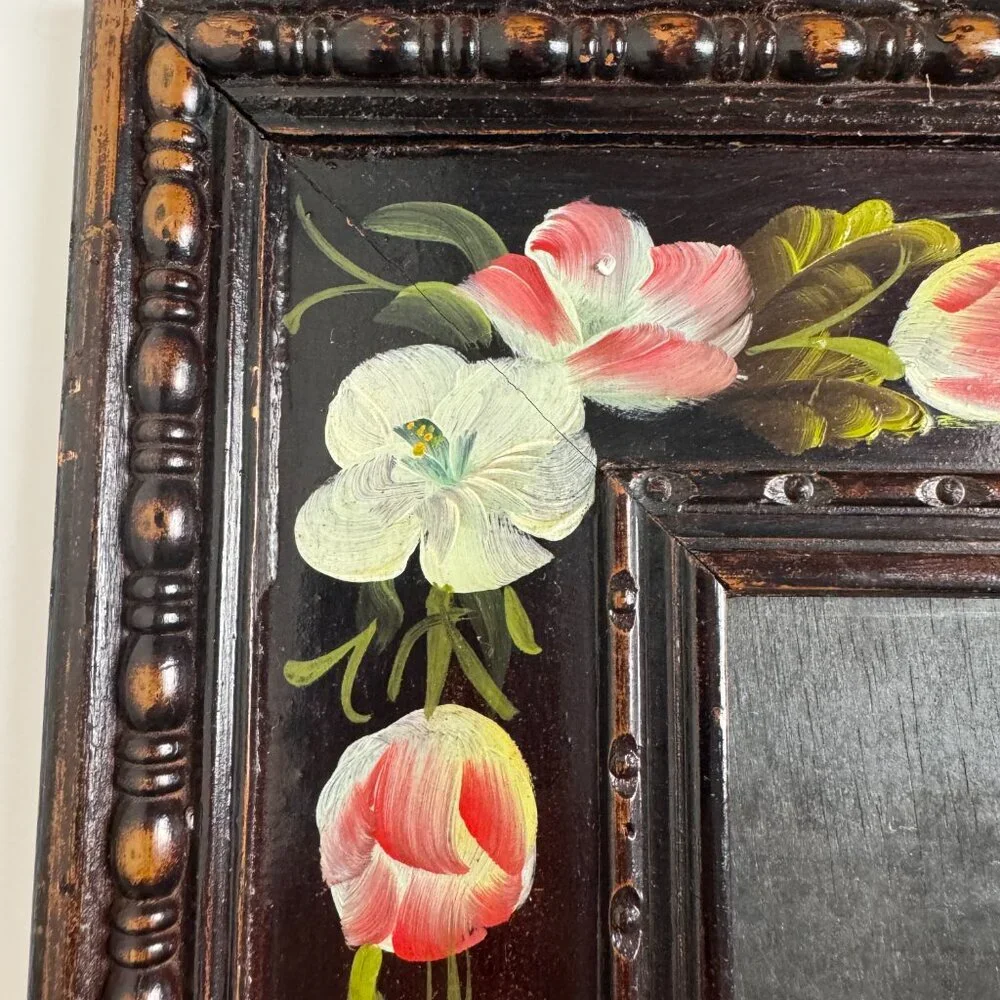 Antique RARE Wooden Frame Flowers Hand Painted